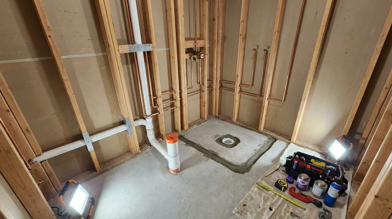 Bathroom rough-in plumbing during remodel by Johns Plumbing LLC in New Berlinville