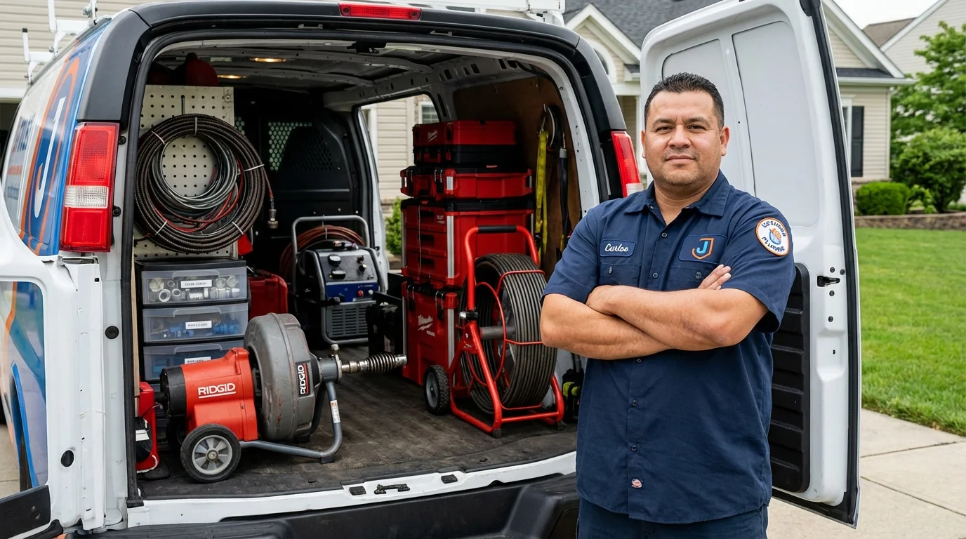 Professional drain cleaning equipment and Johns Plumbing LLC plumber in New Berlinville