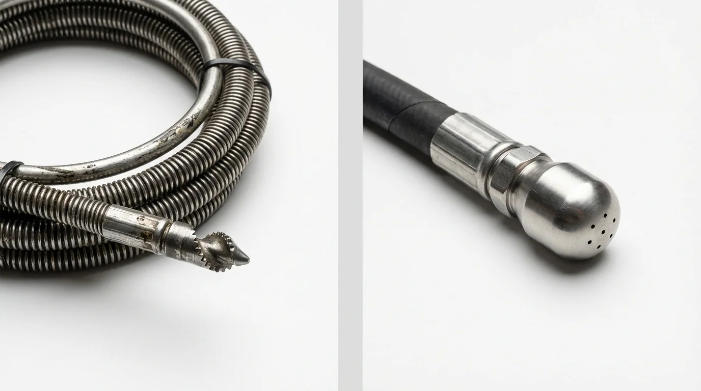 Drain snake cable and hydro jetting nozzle used for drain cleaning in New Berlinville, PA