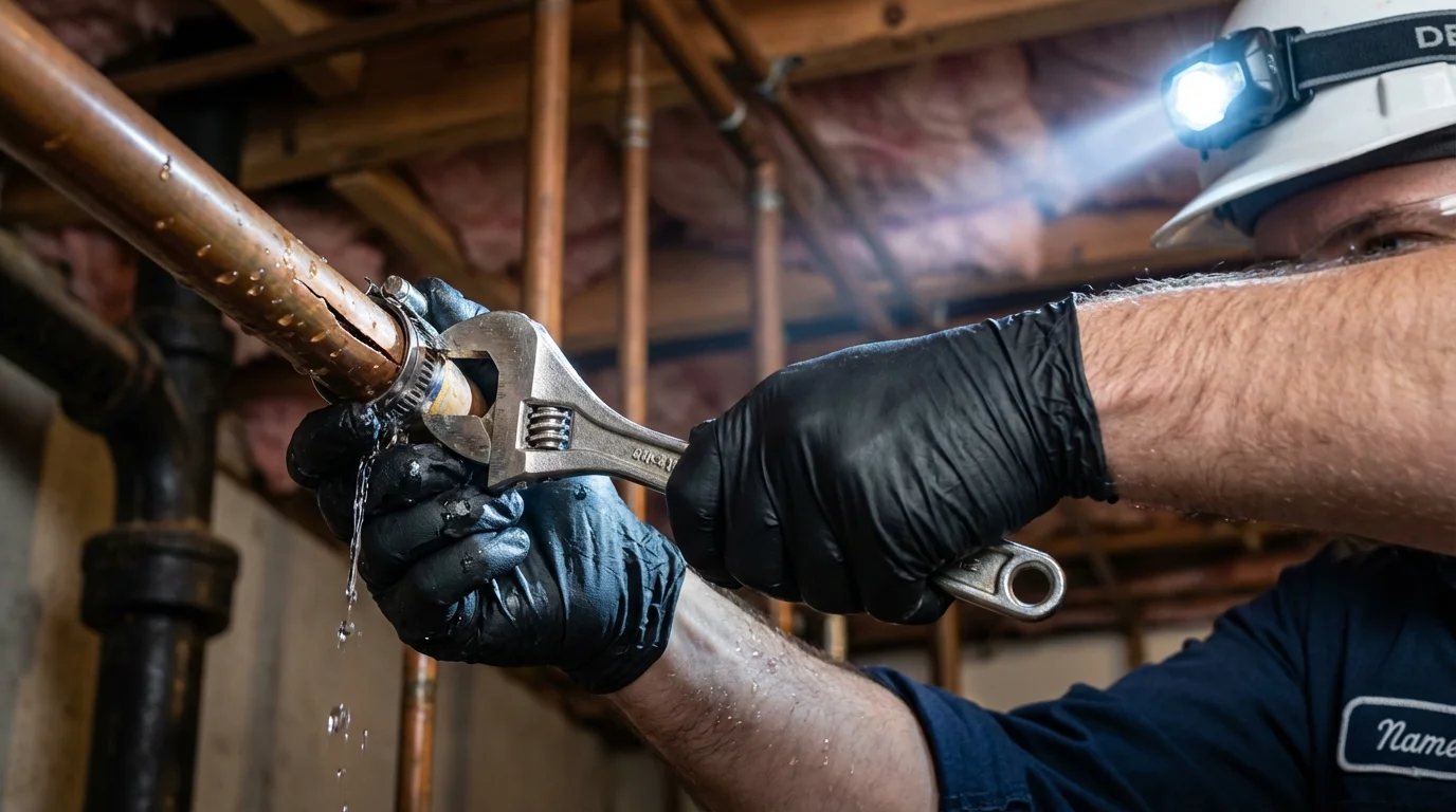 Emergency pipe clamp repair being performed by a Johns Plumbing LLC plumber in New Berlinville