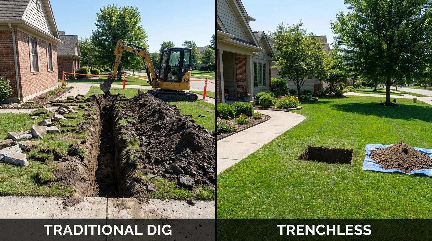 Trenchless sewer repair with minimal yard damage versus traditional excavation in New Berlinville, PA