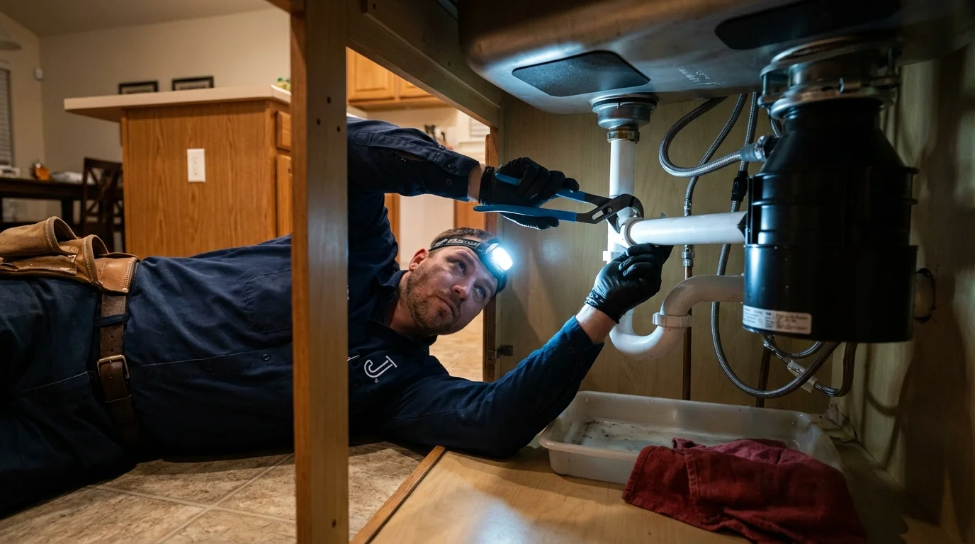 P-trap and supply line connections under a kitchen sink showing a common leak point in New Berlinville, PA